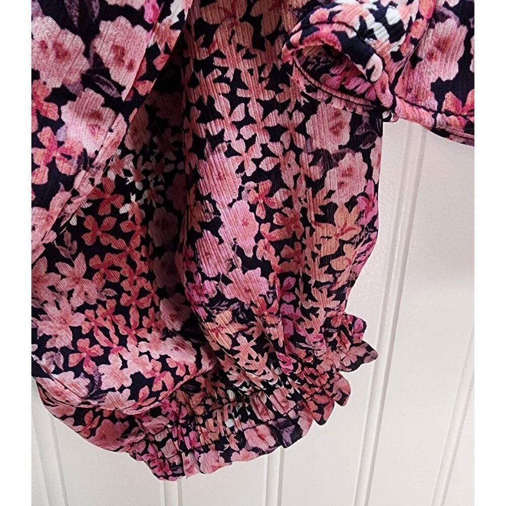 Vince Camuto  Pink Floral Smocked Square Neck Long Sleeve Blouse With Ruffle Hem - Picture 5 of 11